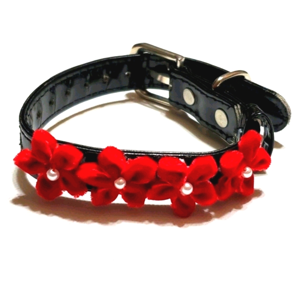 Dog Collar Faux Pearls Red Velvet Ribbon Flowers